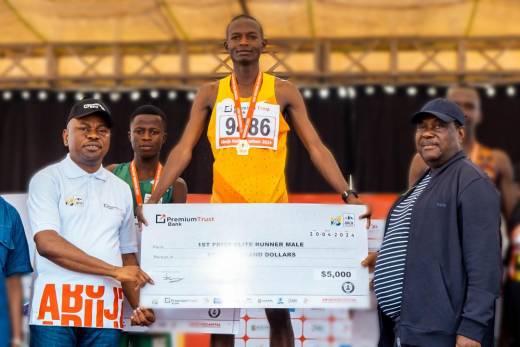 L-R: MD/CEO, PremiumTrust Bank, Emmanuel Efe Emefienim (CON, FCIB); 1sr runner-up, PremiumTrust Bank Abuja City International Half Marathon, Francis James; Winner, PremiumTrust Bank Abuja City International Half Marathon, Shadrack Ngumbau; Secretary to the Government of the Federation, George Akume (CON) at the PremiumTrust Bank Abuja City International Half Marathon event in Abuja recently. 